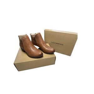Lucky Brand Basel Booties Size 8.5M NEW Brown Toffee Leather Almond Chunky Heel